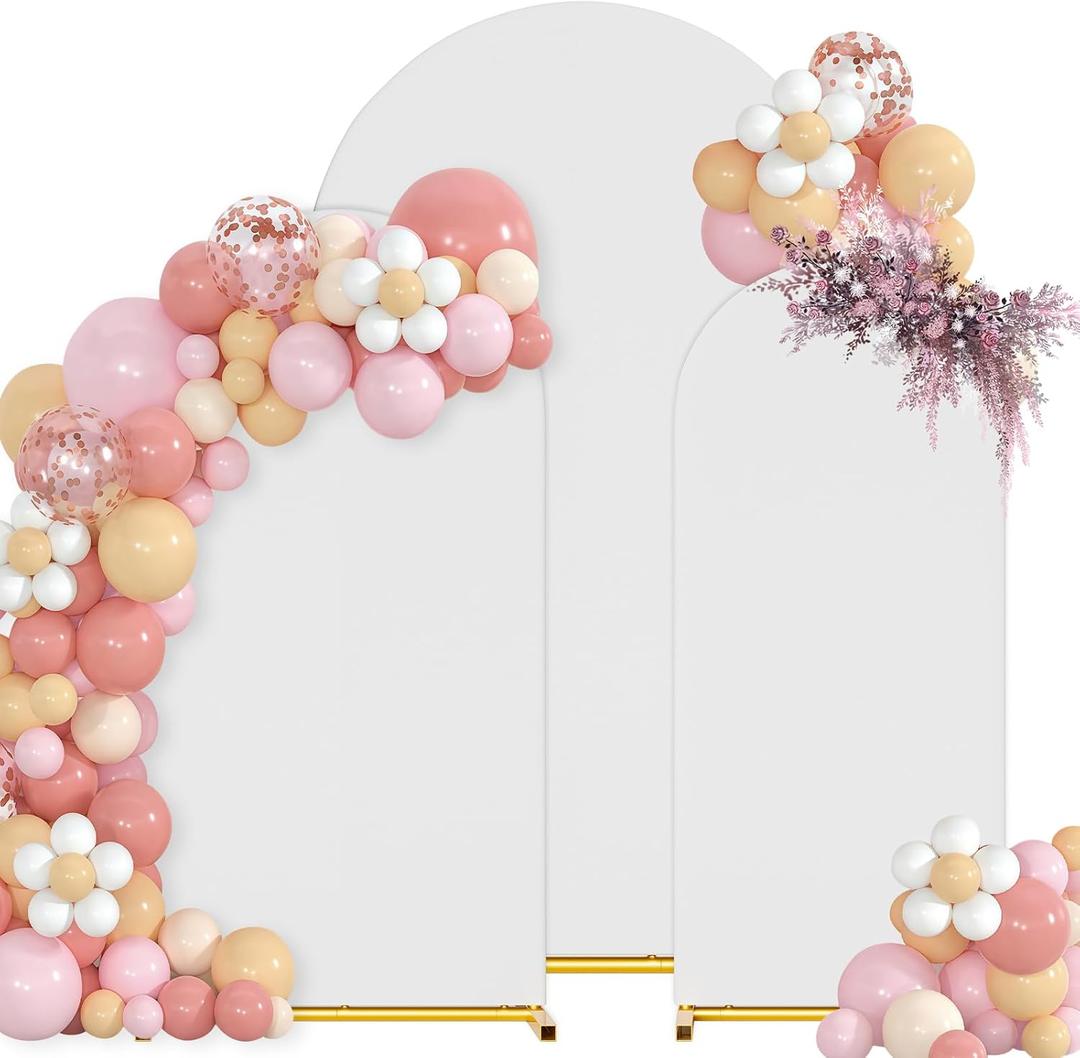 Arch Backdrop Stand with Cover Set, 7.2FT,6.6FT,6FT Gold Metal Wedding Arch for Ceremony, Heavy Duty Balloon Arch Stand with White Spandex Cover for Birthday Party, Baby Shower, Graduation