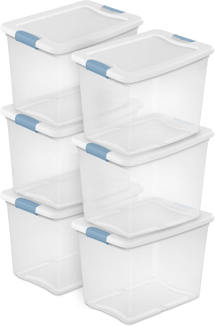 6 x Sterilite 6-Pack Latching Box, Under Bed Storage Bins with Lids, Clear Plastic, 25 Quart - Heavy-Duty Organizing Containers for Closet, Bathroom, and Office