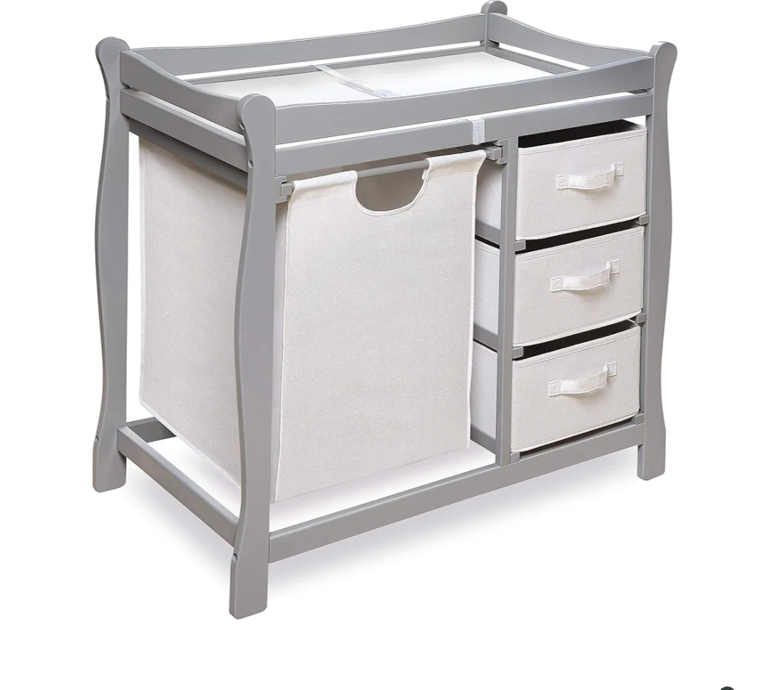 Badger Basket Sleigh-Style Baby Changing Table - Diaper Changing Station with 3 Storage Baskets - Nursery Organizer with Hamper, Changing Pad, Safety Rails - Gray