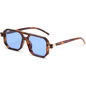 FEISEDY Vintage Square 70s Flat Aviator Sunglasses Women Men Classic Retro Stylish Frame UV400 Sunglasses B2622 (017 Leopard Frame & Blue Lens)