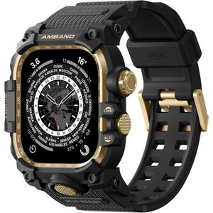 amBand Rugged Case with Band for Apple Watch 45mm, Compatible with Apple Watch (iWatch) Series 9/8/7, Military Grade Shockproof Bumper Cover, Tactical Band for Men, Black Gold