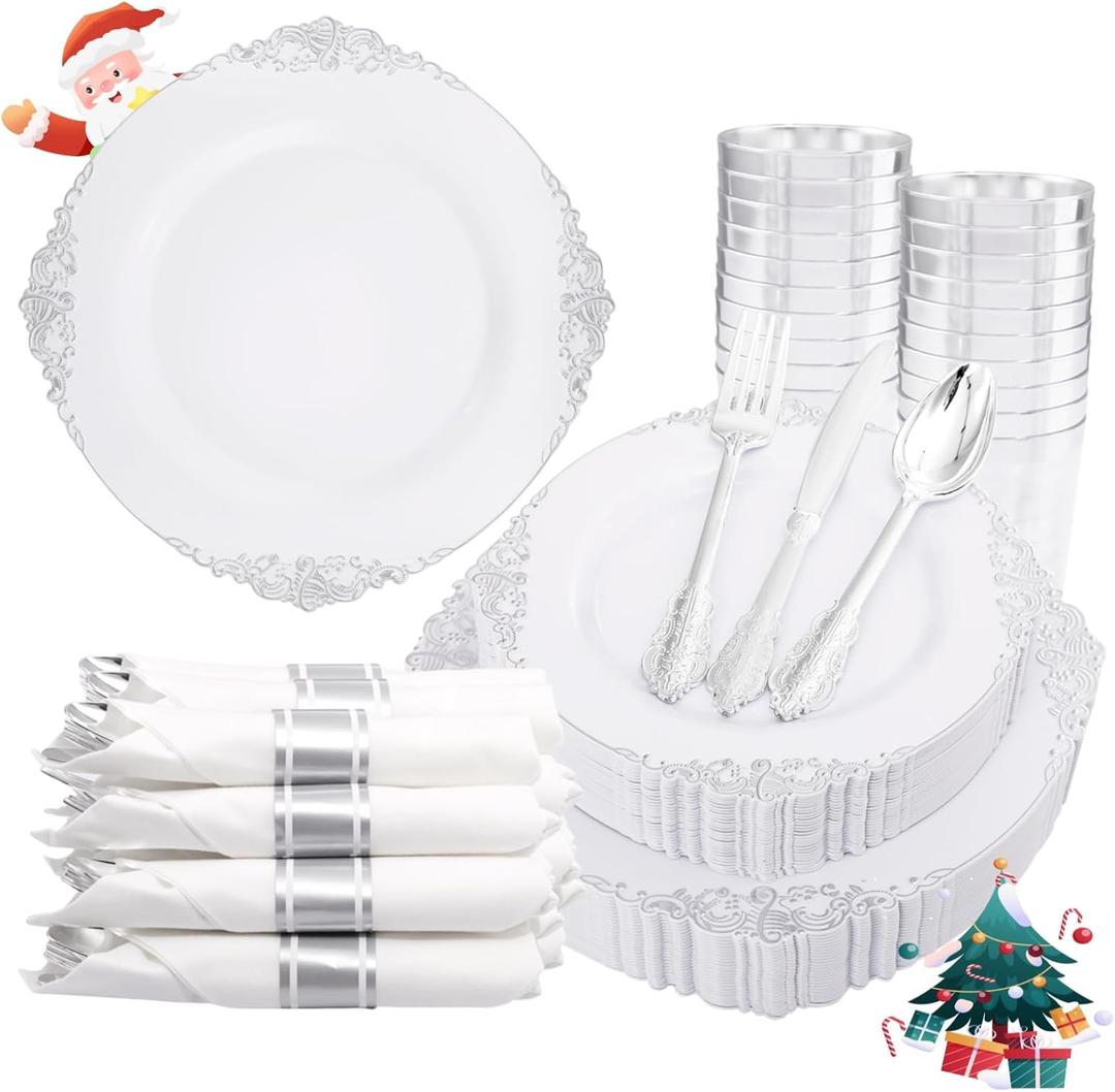 Liacere 350PCS Silver Plastic Plates&Pre Rolled Napkins for 50 Guests - Plastic Dinnerware Sets 100Silver Disposable Plates, 150Silver Silverware, 50Cups and 50Napkins for Christmas