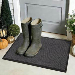 16x24 Inch Grey Door Mat for Indoor Outdoor, Easy Cleaning Compact Entrance Rug, 0.25 Inch Thick Low Profile Welcome Mat for Trapping Dirts, Perfect for Side Doors, Small Entryways
