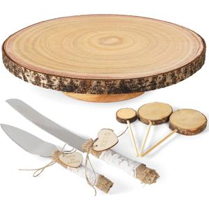 Wood Cake Stand- /w Wooden Slice Cake Topper and Cake Cutting Set, 12 Rustic Wedding Cake Stand, Wooden Cake Stand for Wedding Receptions or Any Special Events