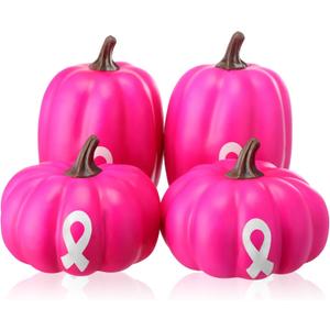 4 Pcs Large Artificial Pink Pumpkin Breast Cancer Awareness Decorations Faux Foam Pumpkins with Pink Ribbon for Breast Cancer Month Fall Table Decor(4.33 Inch,4.72 Inch,White Ribbon)