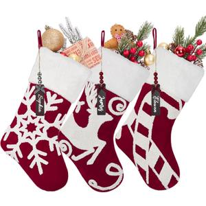 Set of 3 Personalized Christmas Stockings with Name Tags, 17.3 3D Xmas Stocking, Snow, Reindeer and Candy Canes Embroidered Stockings for Family Holiday Party Mantle Decorations