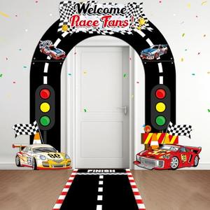 Race Car Party Decorations Welcome Race Fans Runway Floor Fabric Door Banner Racing Cars with Track Hanging Banner Backdrop for Kids Boys Racer Fans Games Sport Birthday Photo Booth Props Supplies