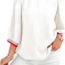Tankaneo Womens 3/4 Sleeve Puff Tops Casual Loose Fit Patchwork Blouse Crew Neck T Shirts Tunic (White, L)