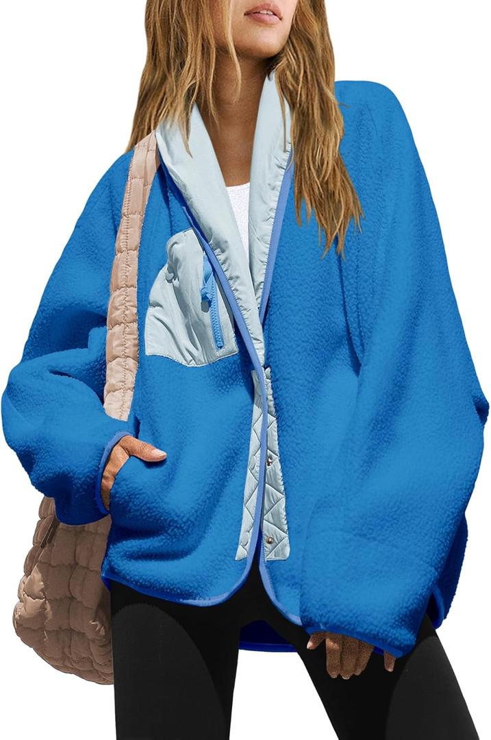 Nirovien Womens Fuzzy Fleece Jacket Colorblock Sherpa Jackets Shawl Winter Coats with Pockets Warm Outwear (Small, Blue Light)