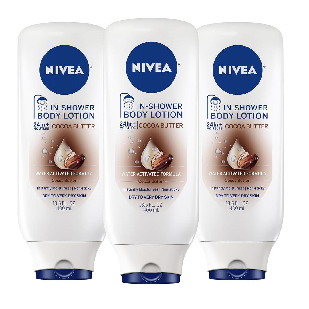 NIVEA Cocoa Butter In Shower Lotion, Water Activated In Shower Moisturizer for Dry Skin to Very Dry Skin, 13.5 FL OZ, Pack of 3