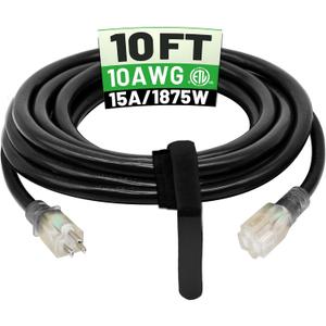 POWGRN 10 Ft 10/3 Black Outdoor Extension Cord Waterproof Heavy Duty 10 Gauge 3 Prong, Flexible Cold-Resistant Power Cord Indoor & Outside with Lighted Indicator End, 15Amp 1875W SJTW ETL Listed