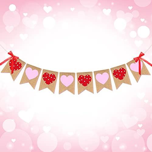 Tudomro Valentine's Day Banners Burlap Heart Garland Felt Banner Rustic Valentine's Day Decorations with Bows for Mantle Inside Wedding Anniversary Birthday Party Decorations Supplies