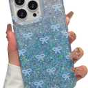 Compatible with iPhone 13 Pro Case, Cute Bow Pattern Gradient Bling Sparkly Aesthetic Transparent Shockproof Slim Durable TPU Phone Case for Women Girls - Blue