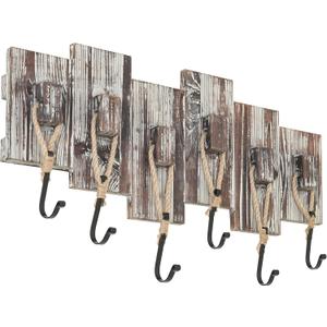 MyGift 6 Hook Wall Mounted Torched Wood Entryway Coat and Hat Rack, Decorative Nautical Style Rustic Rope Metal Hanging Storage Hooks on Offset Wooden Planks