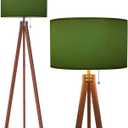Wood Tripod Floor Lamp Olive Green Frosted Glass Modern Standing Lamp Linen Lampshade Dimmable Tall Lamp Mid Century Floor Lamp for Living Room Bedroom