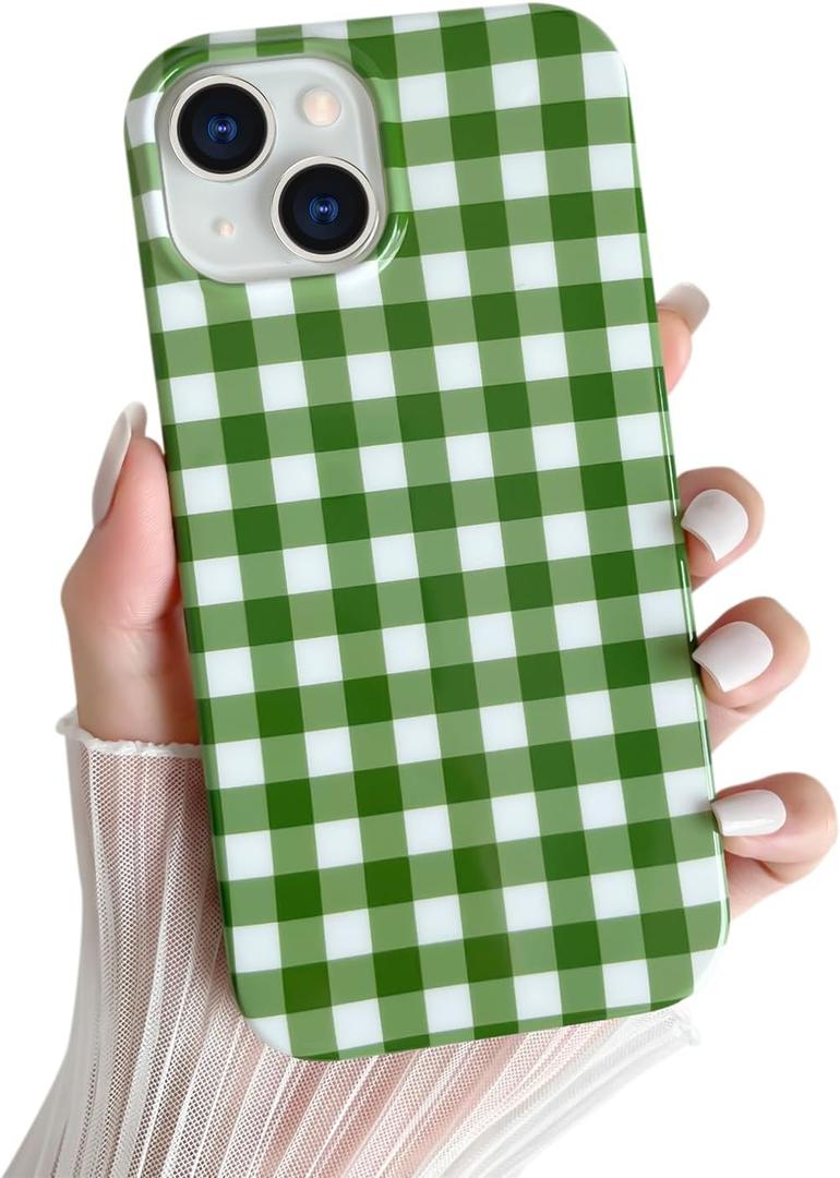 Skyseaco for iPhone 15 Case Cute Aesthetic Gingham Phone Case Soft Slim TPU Shockproof Phone Cover for Women Girls - Green
