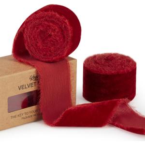 Red Velvet Ribbon for Christmas Tree - 1 1/2 inch Wide Handmade Fringe Fabric Ribbons for Gift Wrapping, Baby Shower, Flower Bouquet (Red)