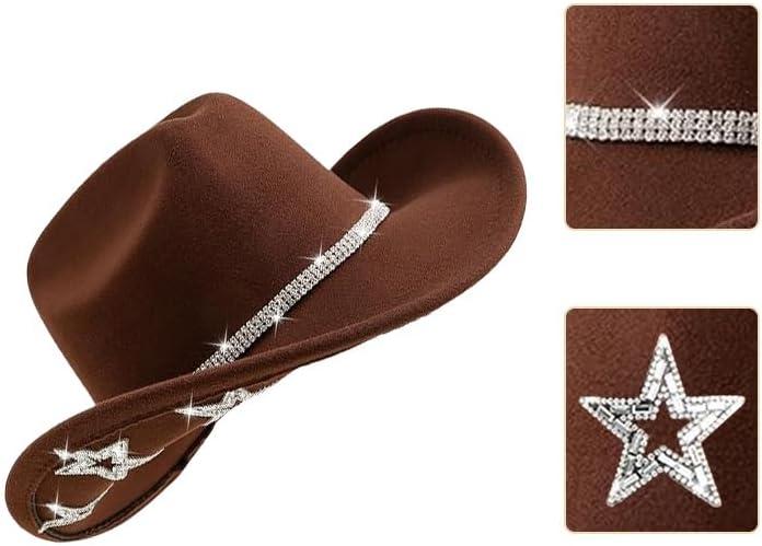Western Cowboy Hat Rhinestone Wide Brim Cowgirl Hat with Belt Buckle Costume Party for Teens and Adults (Brown)