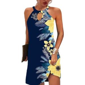 Halter Dresses for Women 2026 Casual Floral Print Summer Dresses Hollow Out A-line Sundresses for Beach Vacation (Blue Yellow, XL)