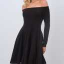 HYPERFIRE Women's Off The Shoulder Long Sleeve Short Dress A Line Pleated Mini Party Dresses (Black, S)