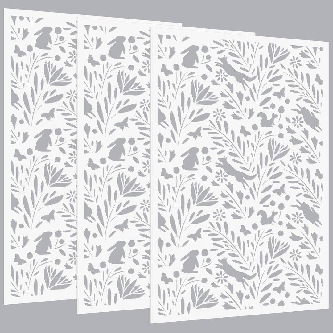 3 Pcs Large Wall Stencils for Painting Forest Pattern 36" x 23" Giant Wallpaper Fern Stencil Large Floral Boho Templates for Kitchen, Room, Furniture Floors Home Decor(Flower Style)