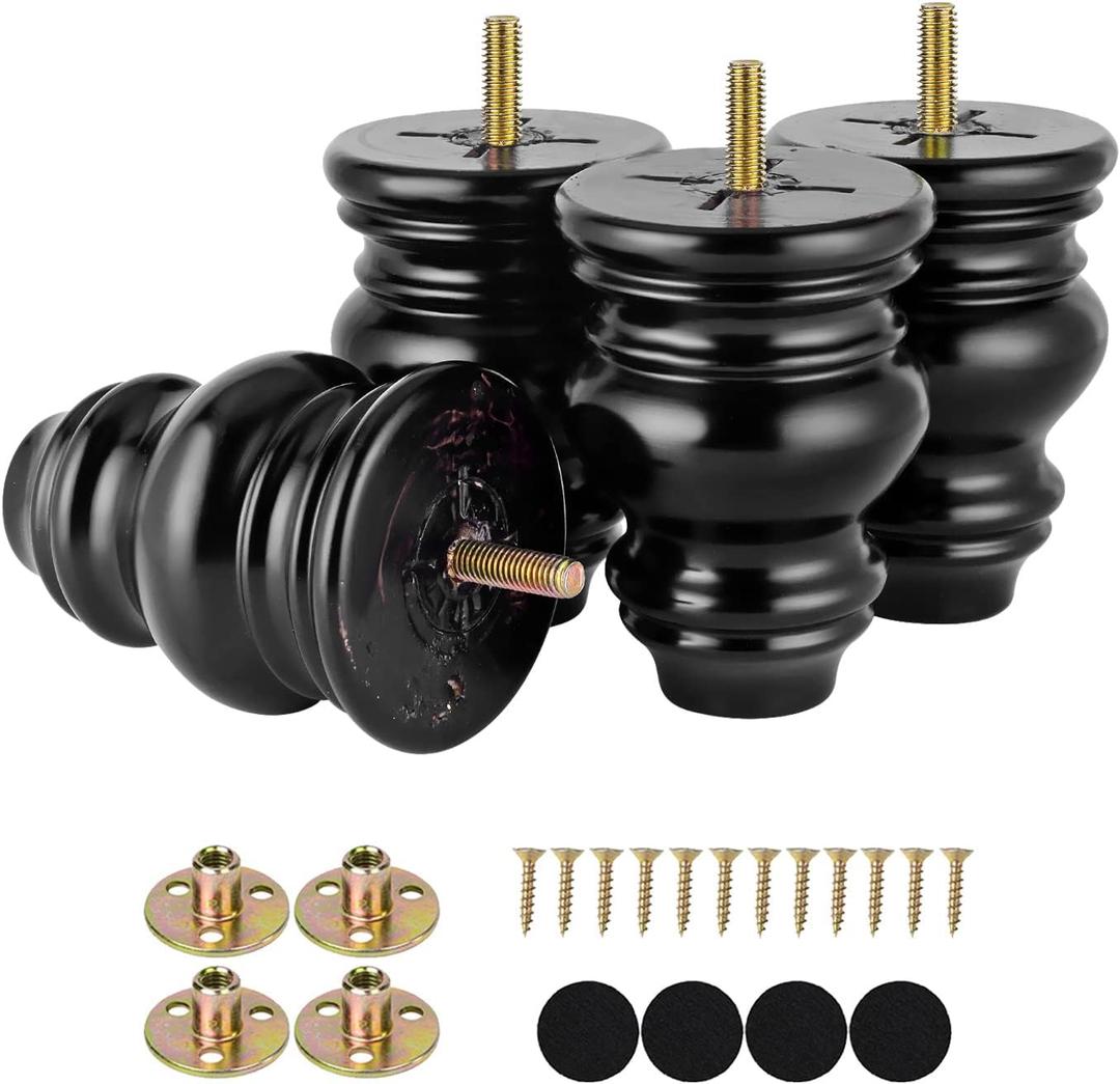 Michanco 4 Inch Black Wood Furniture Legs Set of 4 Round Replacement Wooden Bun Feet for Couch Sofa Ottoman Nightstands
