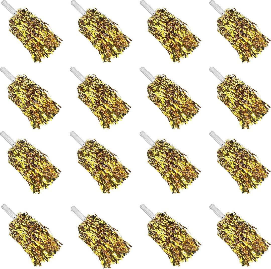 16PCS Cheerleading Pom Poms Metallic Foil Plastic Pom Poms with Baton Handle for Game Sports Squads Dancing Party Football Basketball Club Spirit Sports Stage Performance Celebration (Gold)