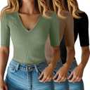 Riyiper 3 Pack Women's Half Sleeve Top Elbow Length Ribbed Cotton T Shirt Women V Neck Summer Tee Slim Fit Casual Blouses (Black, Khaki, Matcha Green) S
