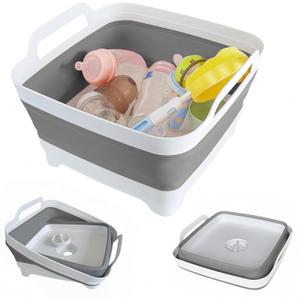 Collapsible Wash Basin for Baby Bottles - 2.4 Gallons Portable Wash Bin for RV Camping Sink, Space-Saving Dish Tub (Gray) 