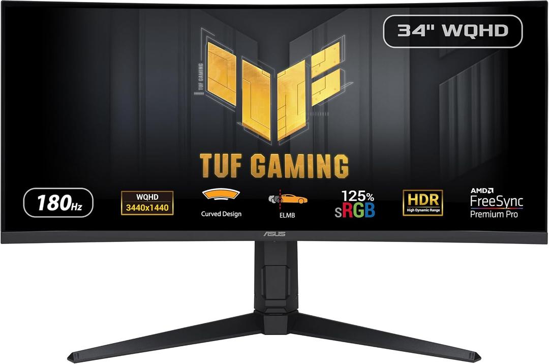 ASUS TUF Gaming 34 1440P 1500R Curved Monitor (VG34VQL3A) - QHD (3440 x 1440), 180Hz, 1ms, Extreme Low Motion Blur, Freesync Premium Pro, 125% sRGB, DisplayHDR 400, Height Adjustable 