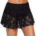 Lopie Women Lace Crochet Swim Skirt Bikini Bottom Swimsuit Board Shorts Skort Swimdress (Large, Black)