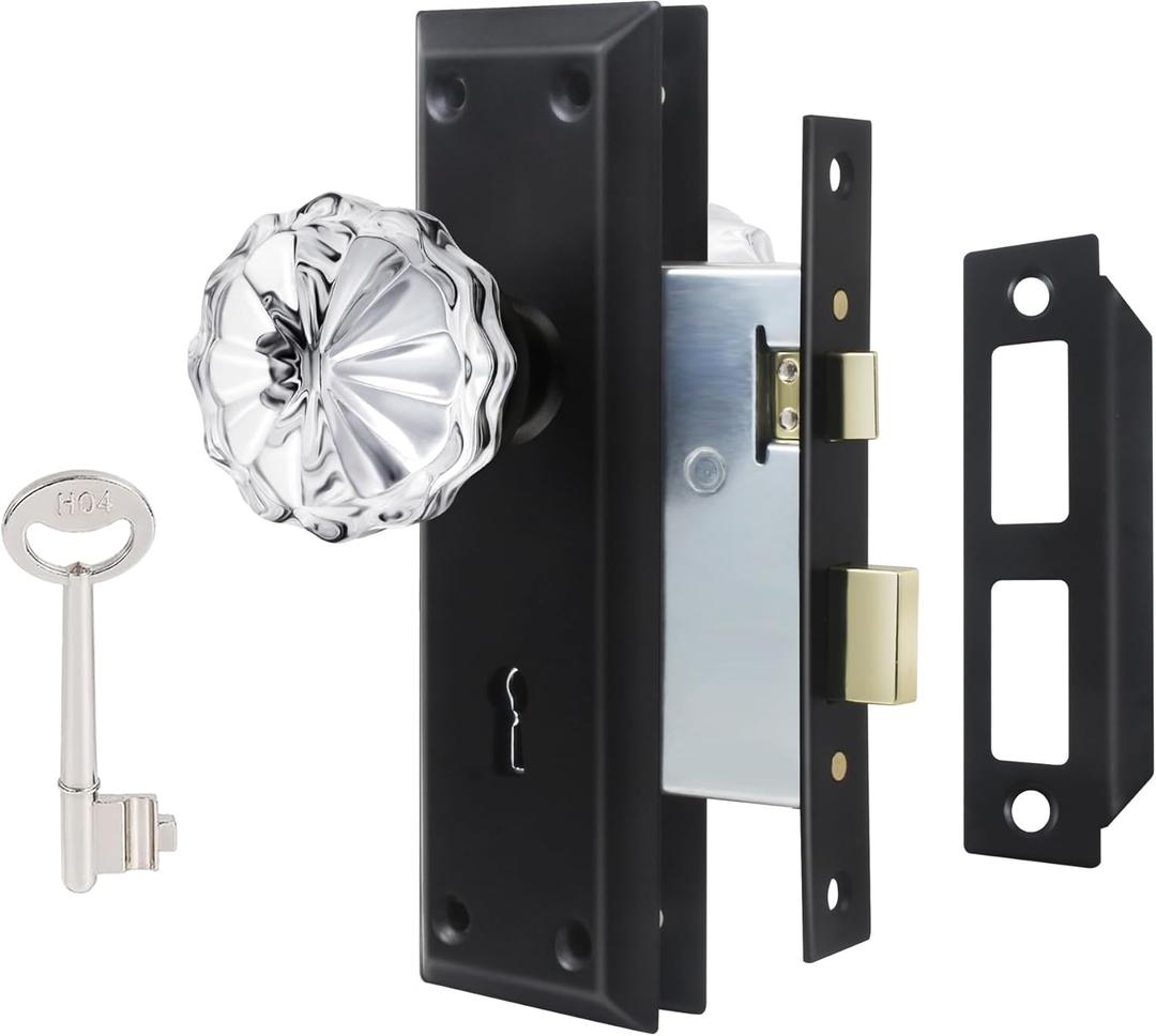 Mortise Lock Set Interior Door, Crystal Glass Door Knobs with Lock and Skeleton Key, Old Door Knob Replacement, Vintage Antique Door Handle, Matte Black Finish (Mortise(1 Pack))