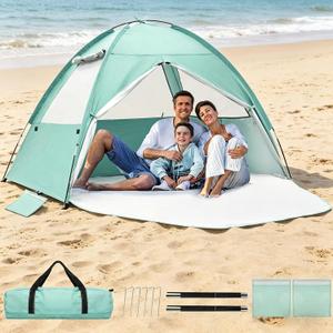 Beach Tent for 3-4 Person, Large Easy Setup Beach Shade Canopy with UPF 50 UV Protection, Portable Shade Tent with 3 Ventilating Mesh Windows for Outdoor, Picnics, Fishing