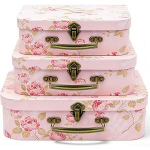 Cheardia 3 Pack Paperboard Suitcases Storage Box, Decorative Storage Boxes Gift Boxe With Lid, Stackable Cardboard Trunk for Photo Keepsake Home Decoration Wedding Anniversary Birthday Pink 3 Size