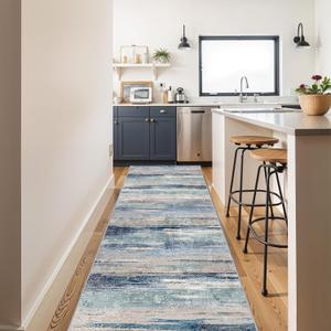 Abstract 3x10 Runner Rug Hallway - Indoor Washable Non Slip Rugs for Kitchen Bedroom Low Pile Living Room Office Long Carpet Soft Modern Home Decor Floor Mat for Bathroom Laundry 3x10 Blue