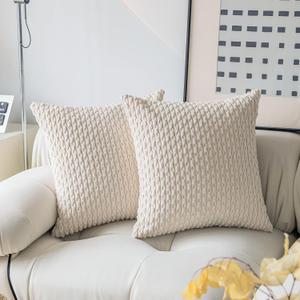 Kevin Textile Pillow Covers Decorative Set of 2 Striped Corduroy Plush Velvet Pillowcases Boho Cushion Cover for Couch 18x18 Inch Cream