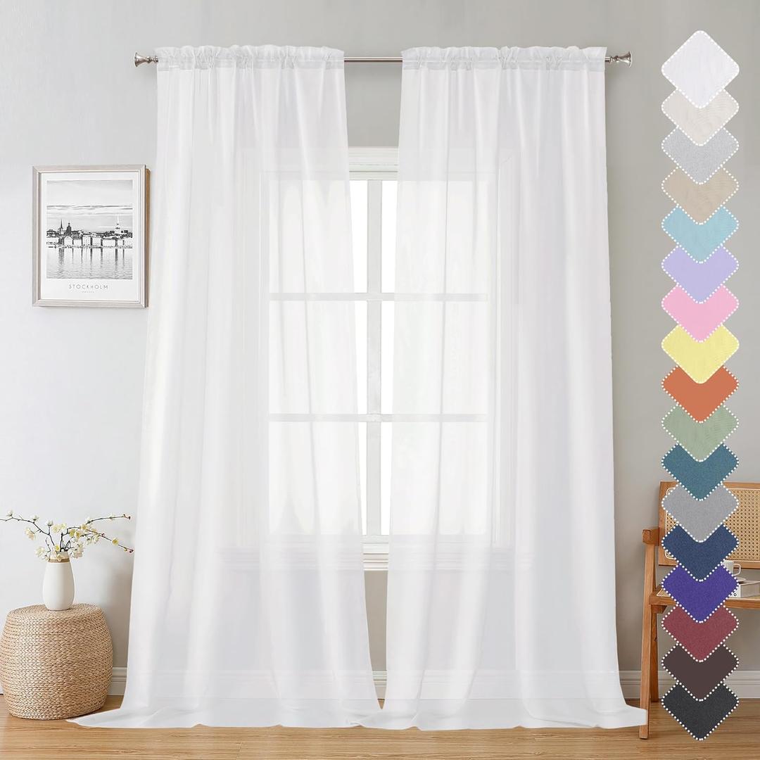 Lecloud Sheer White Curtains 96 Inches Long 2 Panels, Farmhouse Soft Voile Curtain for Windows, Airy Solid Color Tulle Curtains for Living Room Bedroom Rod Pocket, Each Panel 42 X 96 Inch