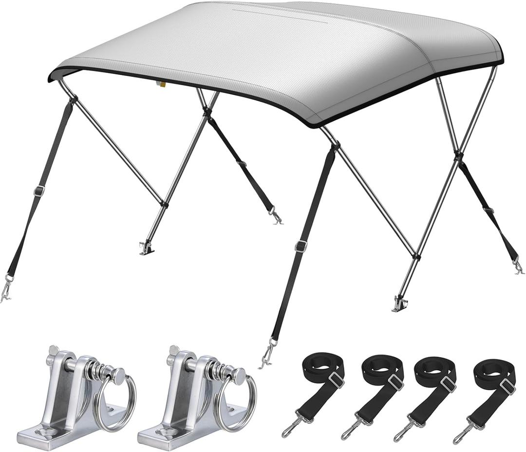 KAKIT 3 Bow Bimini Top for Boats, Marine Grade Canvas Top Heavy Duty Oxford Boat Canopy Adjustable 4 Straps Zippered Storage Boot Metal Base (3 Bow 6'L x 46" H x 54"-60" W,Gray)