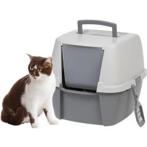 IRIS USA Cat Litter Box, Large Litter Box Enclosure with Front Door Flap and Scoop, Covered Kitty Litter Box with Handle and Buckles for Portability and Privacy, Gray