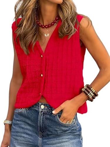 BTFBM Summer Sweater Vest for Women 2025 Sleeveless V Neck Button Up Cardigan Waffle Knit Tank Tops Spring Clothes(Red, XX-Large)