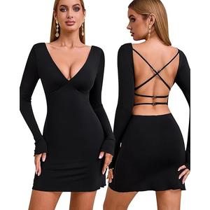 GLNEGE Long Sleeve V-Neck Bodycon Mini Dresses Sexy Backless Cocktail Party Club Night Out Dress for Women Black S