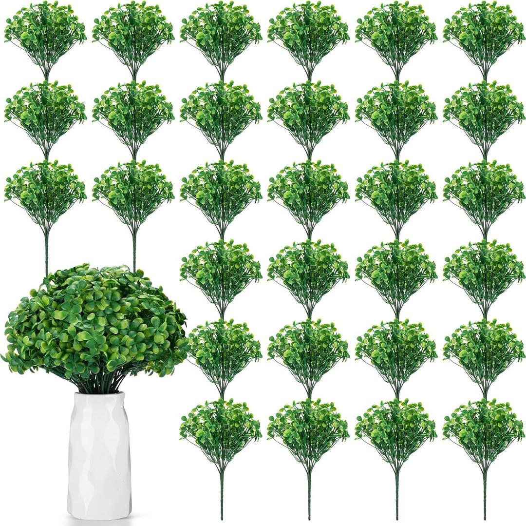 30 Bundles Artificial Shamrock Plants Decoration Faux Clover Greenery Four Leaf Shamrock Stem Picks Fake Clover Branches for Garden Home Office Table Centerpiece