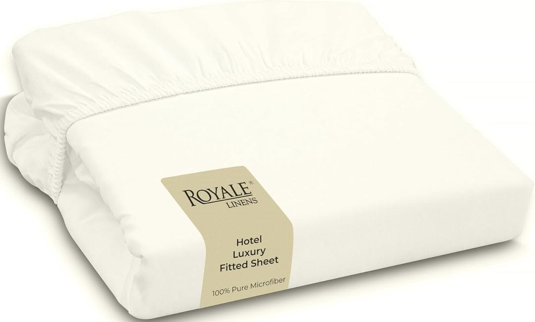 Royale Linens Fitted Sheet Full - Brushed Hotel Quality 1800 Ultra-Soft Wrinkle & Fade Resistant - Bottom Sheet - Deep Pocket Stretches Up to 16" - Fitted Sheet Only - Elastic Sheet (Full, Ivory)