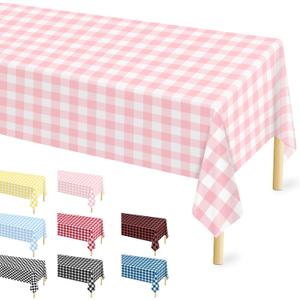 12 Pcs Pink Gingham Tablecloth 54 108 Inches Pink and White Checkered Table Cloth Disposable Plastic Waterproof Tablecover for Outdoor Picnic, Birthday Party, Holiday Dinner