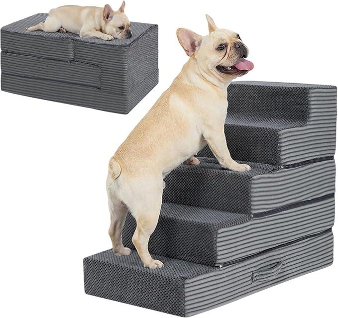 Dog Stairs for Small Dogs, 22.5" H Dog Steps for High Bed, 2 in 1 Pet Stairs Get on Couch, Foldable Transformable Cats Stairs, Non-Slip Balanced, Grey, 15.7x30x22.5inch, Grey