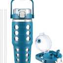 MUKOKO 32 oz Glass Tumbler with Straw,Glass Water Bottles with Time Marker,Iced Coffee Cup with Silicone Sleeve,Motivational Drinking Bottles,Leakproof-Steel Blue