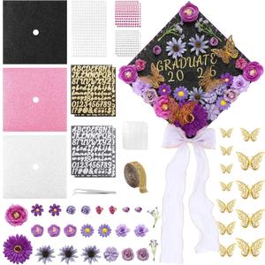 Harsever 48Pcs Graduation Cap Decorations DIY Kit,Grad Cap Decorations Decor with Faux Flower 3D Butterfly Rhinestones Alphabet Letter Stickers for DIY Graduation Party Supplies(Lavender)