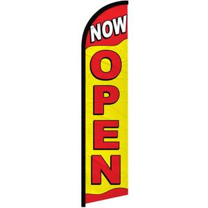 Infinity Republic - Now Open Red & Yellow Windless Full Sleeve Banner Swooper Flag - Perfect for Businesses, Restaurants, Cafes, New Stores, etc!