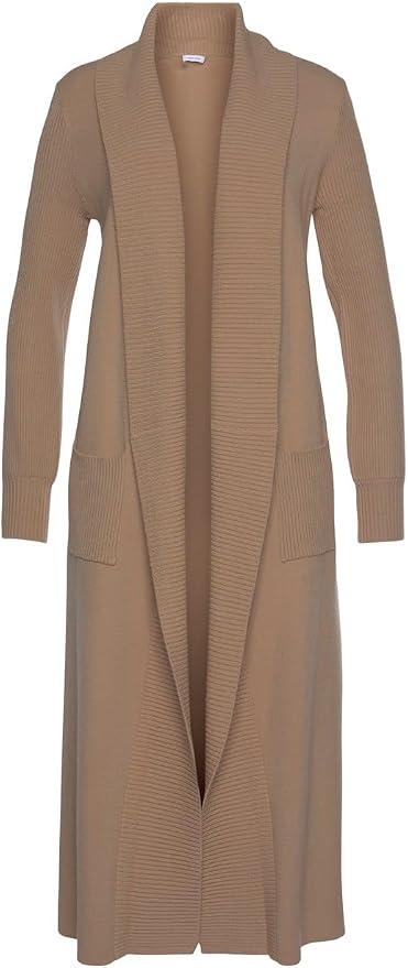 LASCANA Women's Long Knit Cardigan - Calf-Length, Open Front with Ribbed Shawl Collar, Size US 8/10