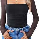 Avidlove Women's Square Neck Mesh Long Sleeve Bodysuit Shirts Ruched Body Suit Sexy Sheer Tops Date Night Outfit (Large, Army Green)